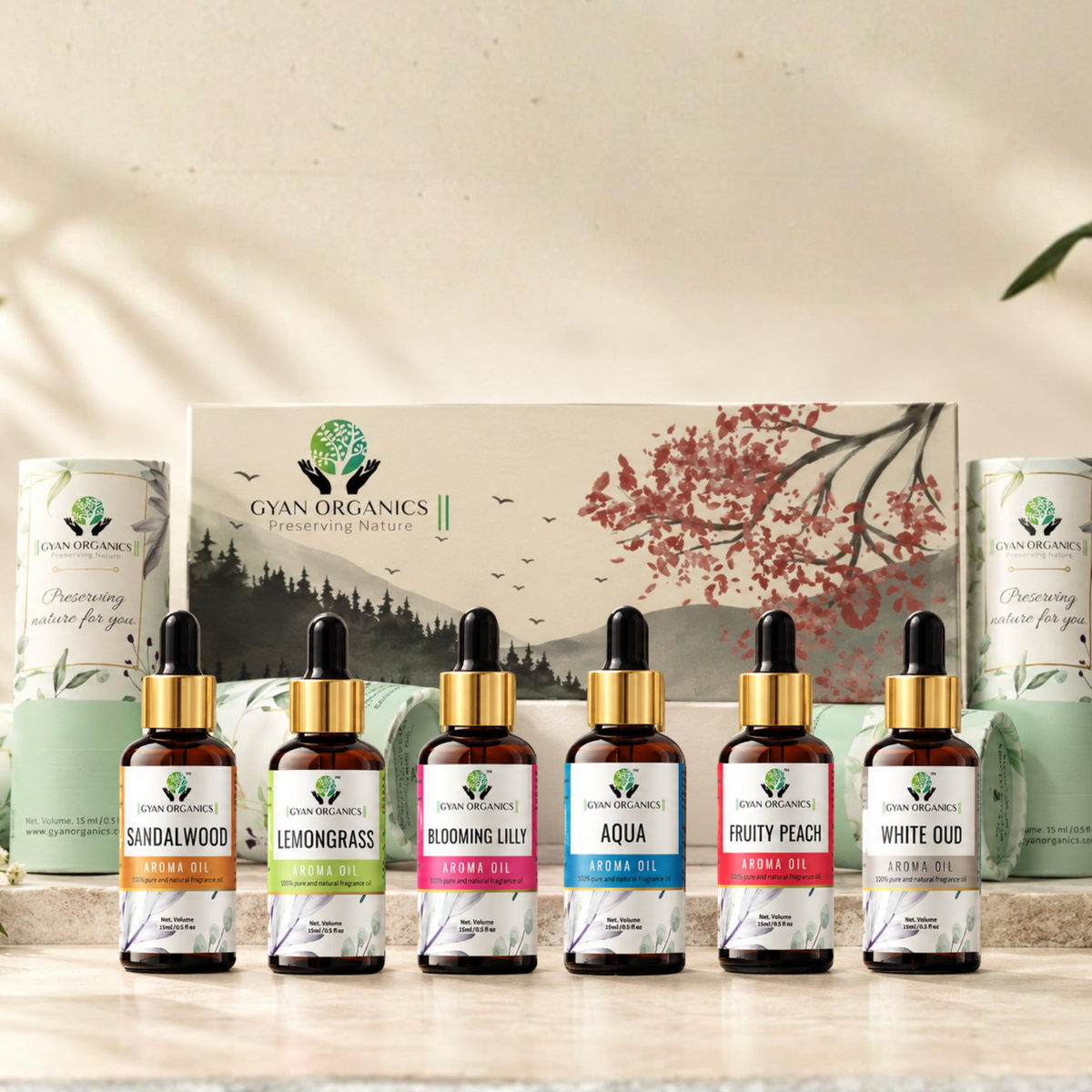 Aroma Diffuser Oil Combo Set Sandalwood | Lilly | Lemongrass | Aqua| Oudh | Fruity Peach | Aroma Oil Fragrance for Home Room Office & Washrooms (6 x 15 ml)