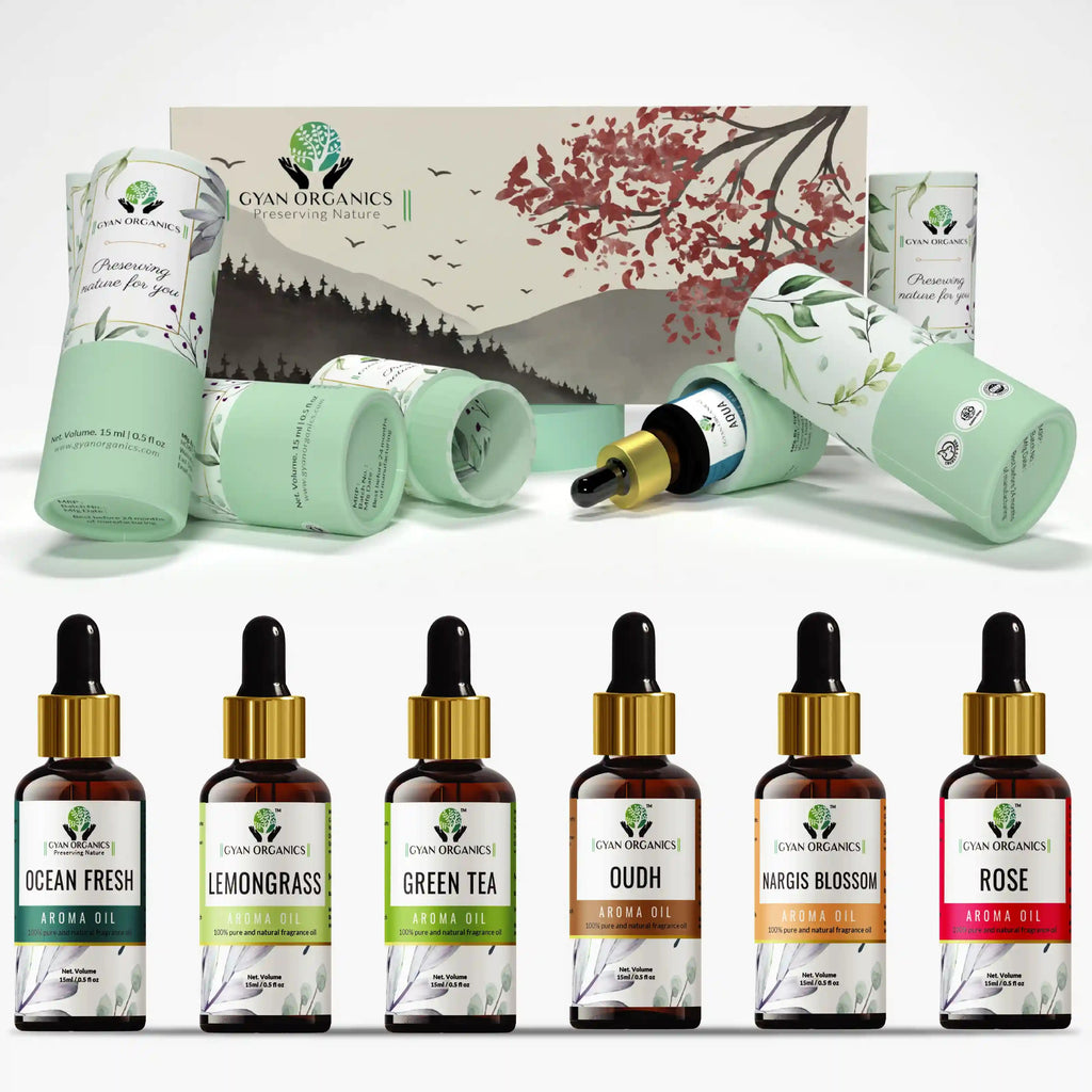 Aroma Diffuser Oil Combo Set Ocean Fresh | Black Oudh | Lemongrass | Rose | Green Tea | Nargis Blossom Aroma Oil | Aroma Diffuser Fragrance for Home Room Office & Washrooms (6 x 15 ml)