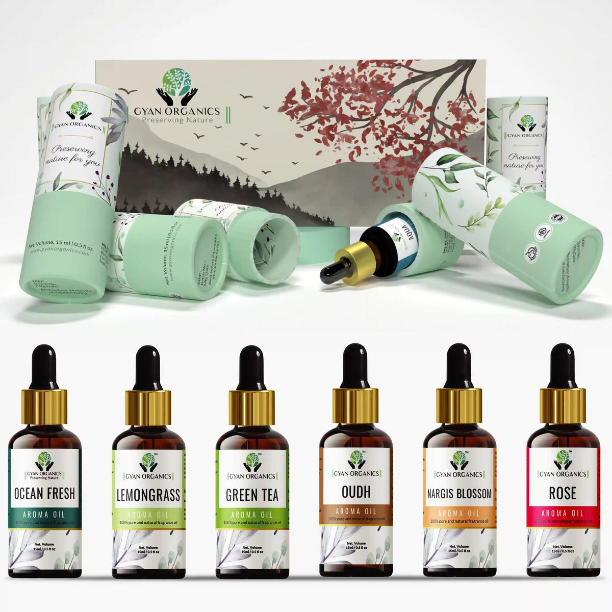 Aroma Diffuser Oil Combo Set Ocean Fresh | Black Oudh | Lemongrass | Rose | Green Tea | Nargis Blossom Aroma Oil | Aroma Diffuser Fragrance for Home Room Office & Washrooms (6 x 15 ml)
