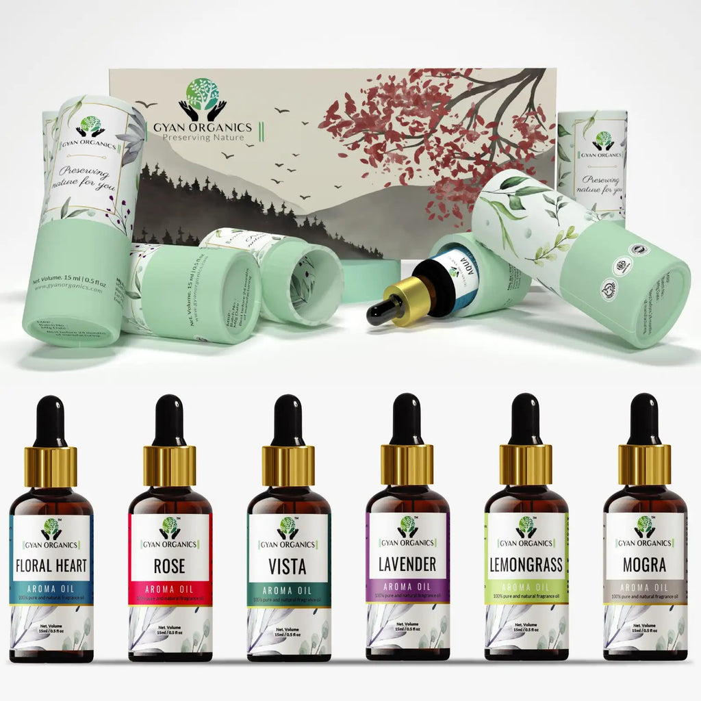 Aroma Diffuser Oil Combo Set Lavender | Lemongrass | Mogra | Vista | Floral Heart | Rose oil |  Aroma Oil Fragrance for Home Room Office & Washrooms (6 x 15 ml)
