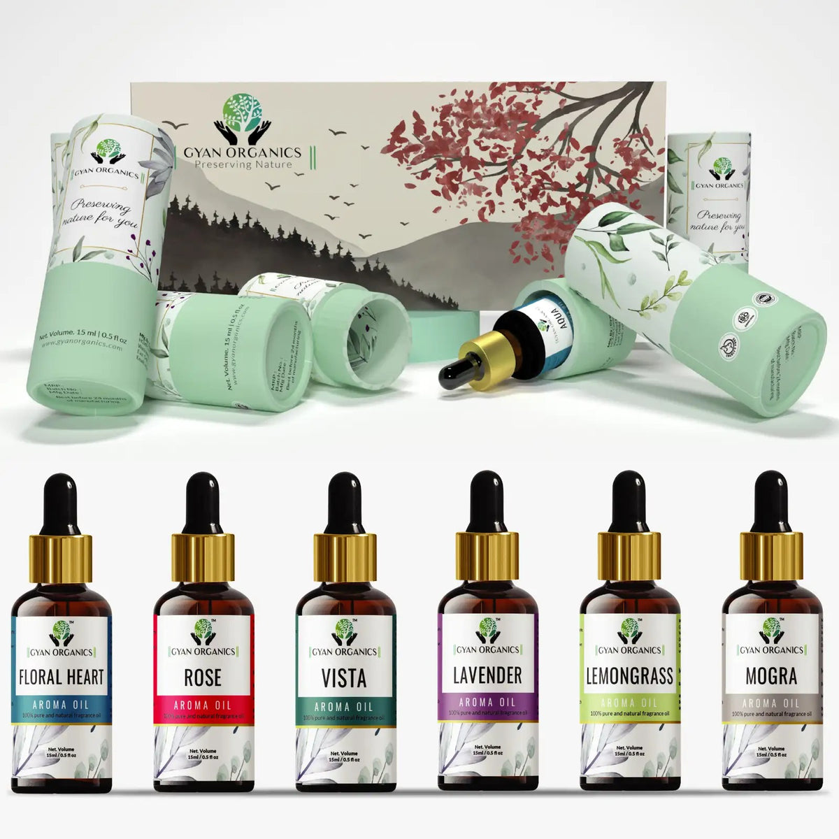 Aroma Diffuser Oil Combo Set Lavender | Lemongrass | Mogra | Vista | Floral Heart | Rose oil |  Aroma Oil Fragrance for Home Room Office & Washrooms (6 x 15 ml)