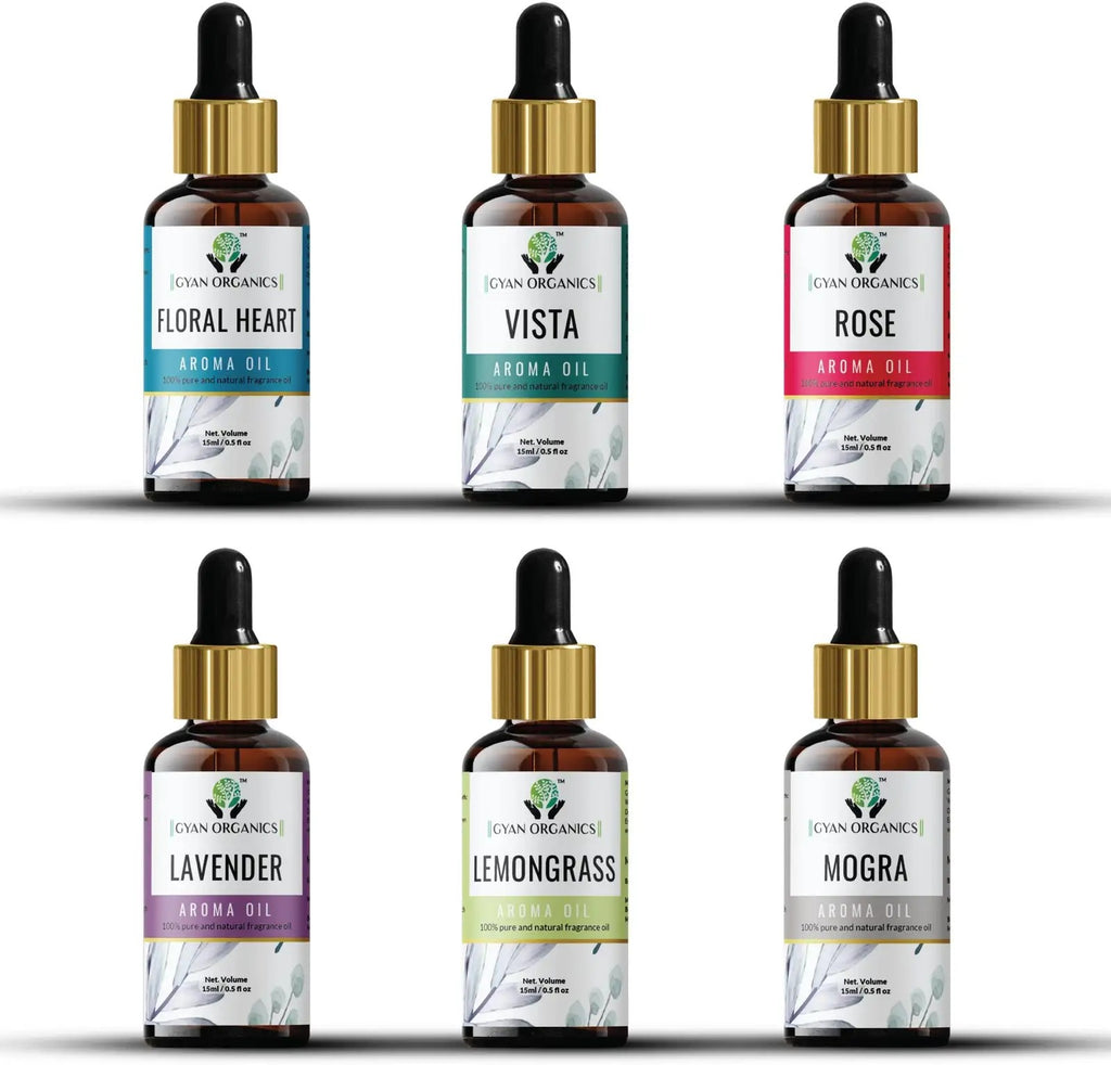 Aroma Diffuser Oil Combo Set Lavender | Lemongrass | Mogra | Vista | Floral Heart | Rose oil |  Aroma Oil Fragrance for Home Room Office & Washrooms (6 x 15 ml)