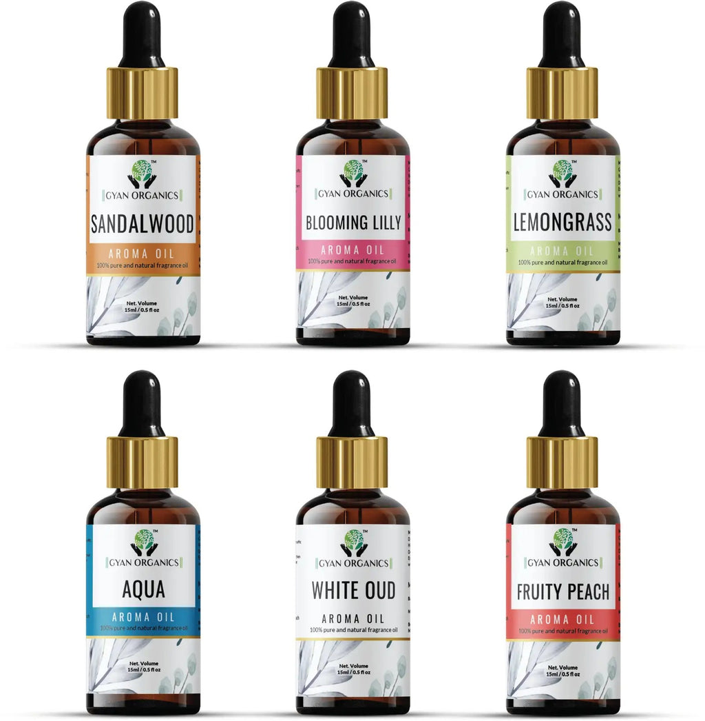 Aroma Diffuser Oil Combo Set Sandalwood | Lilly | Lemongrass | Aqua| Oudh | Fruity Peach | Aroma Oil Fragrance for Home Room Office & Washrooms (6 x 15 ml)