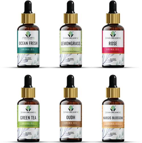 Aroma Diffuser Oil Combo Set Ocean Fresh | Black Oudh | Lemongrass | Rose | Green Tea | Nargis Blossom Aroma Oil | Aroma Diffuser Fragrance for Home Room Office & Washrooms (6 x 15 ml)